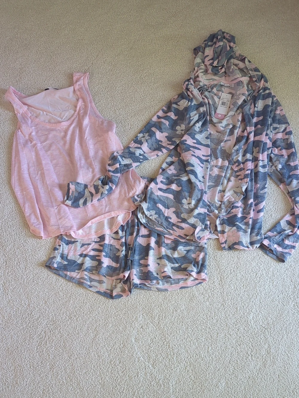 Pink And Grey Camo Three-Piece Women’s Pajama Set with Tank, Shorts & Hoodie